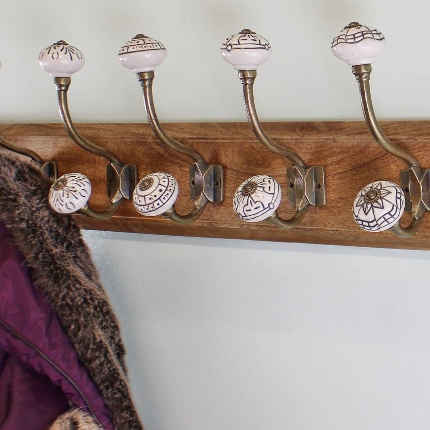 6 Double Ceramic Ivory Coat Hooks On Wooden Base - £74.99 - Coat Hooks