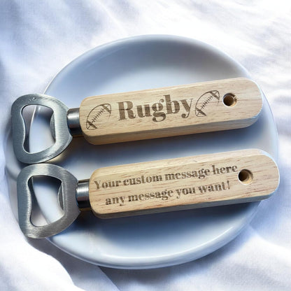 Personalised Rugby Wooden Beer Bottle Opener Gift