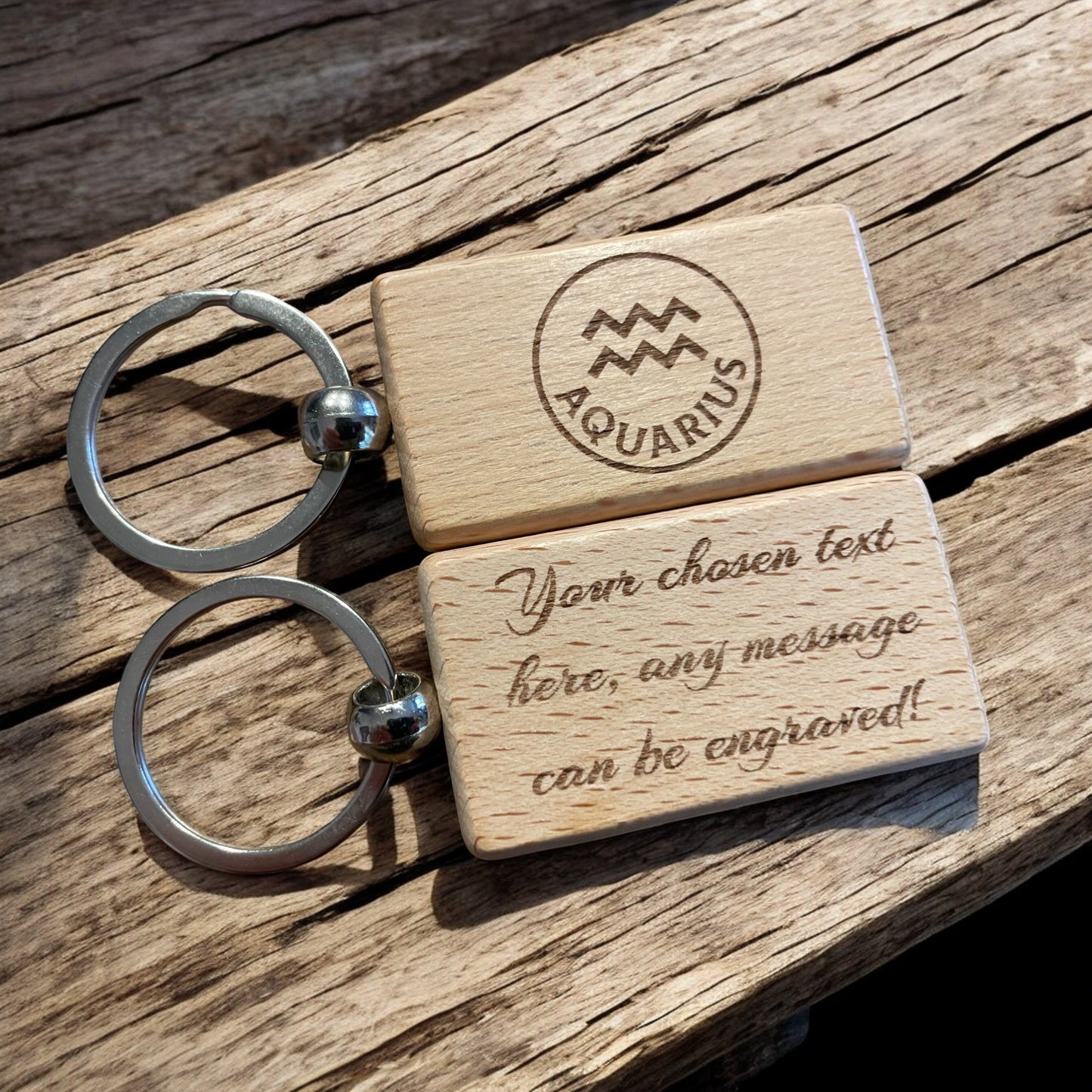 Personalised Wooden Aquarius Zodiac Keyring Gift