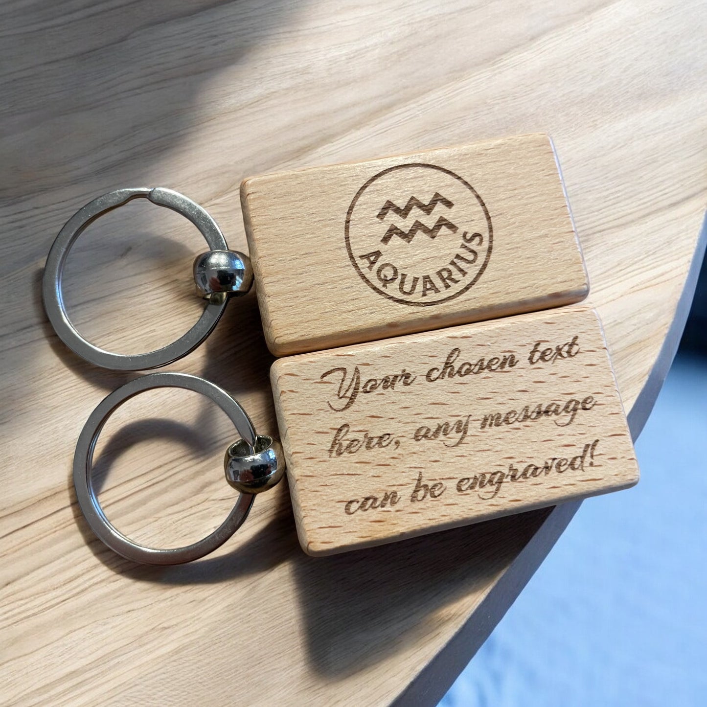 Personalised Wooden Aquarius Zodiac Keyring Gift