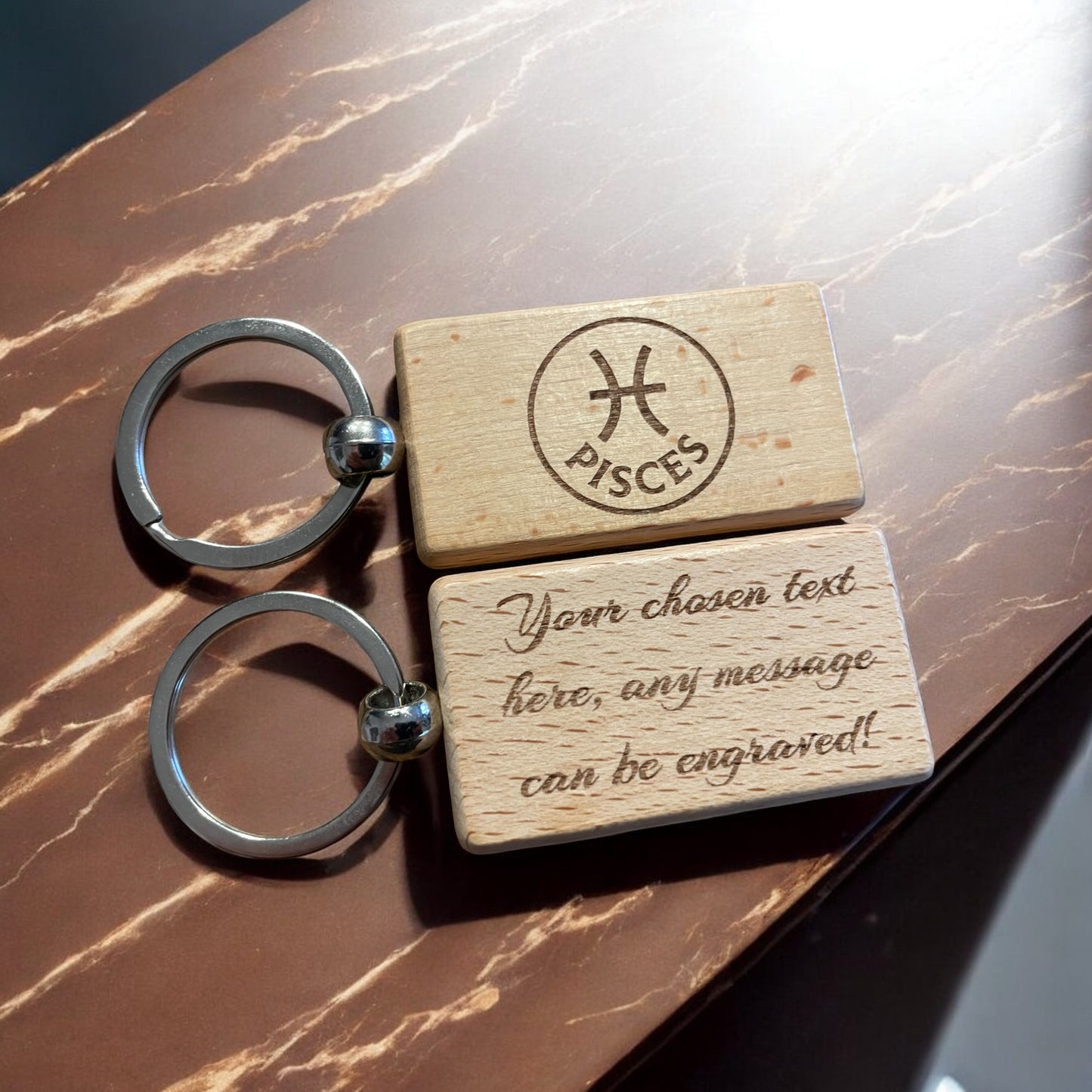 Personalised Wooden Pisces Zodiac Keyring Gift