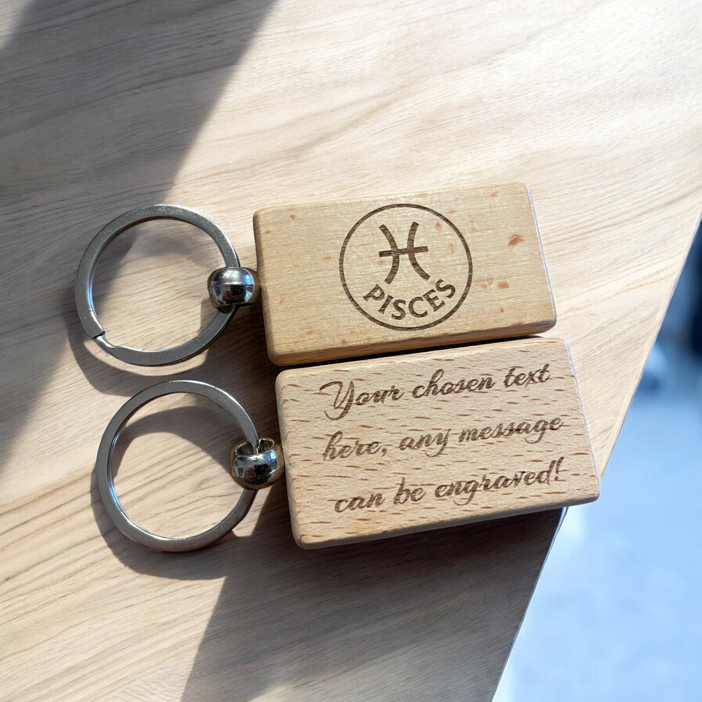 Personalised Wooden Pisces Zodiac Keyring Gift