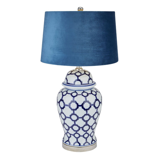 Acanthus Blue And White Ceramic Lamp With Blue Velvet Shade - Ashton and Finch