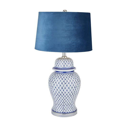 Malabar Blue And White Ceramic Lamp With Blue Velvet Shade - Ashton and Finch