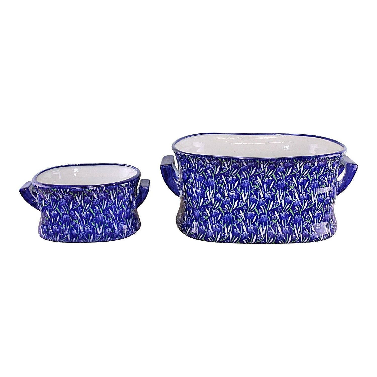 Set of 2 Ceramic Footbath Planters, Vintage Blue & Green Crocus Design - Ashton and Finch