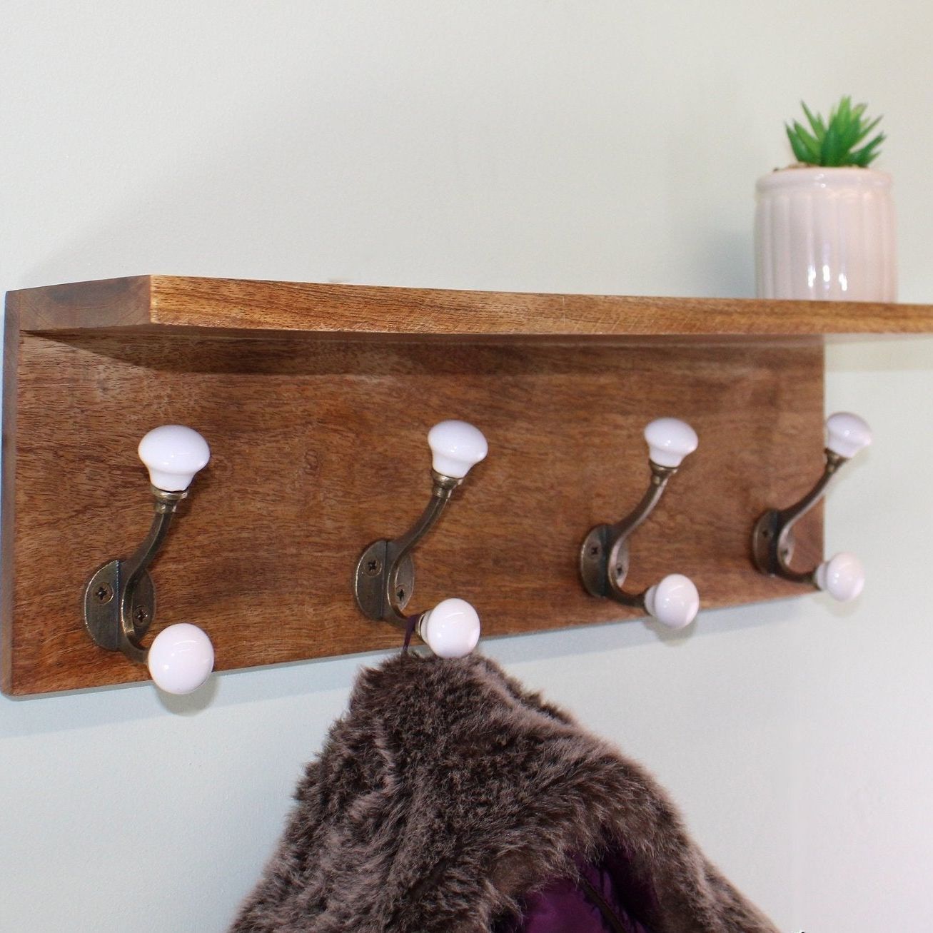 Set of 4 White Ceramic Double Coat Hooks On Wooden Base With Shelf - Ashton and Finch