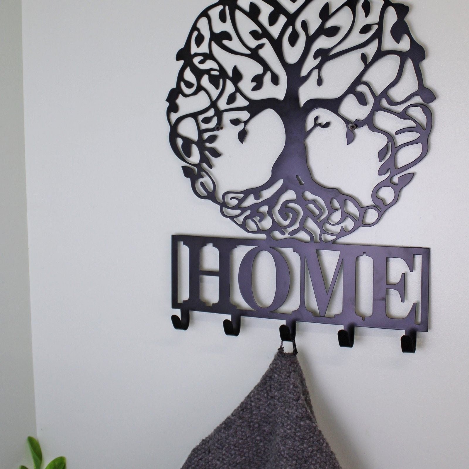 Black Metal Wall Plaque Tree of Life Featuring Hooks - Ashton and Finch